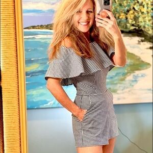 ⭐️Lov..Ady,Adorable! Made 🇺🇸,Gingham Romper, Shoulder Ruffle, Side Zip,Size Med